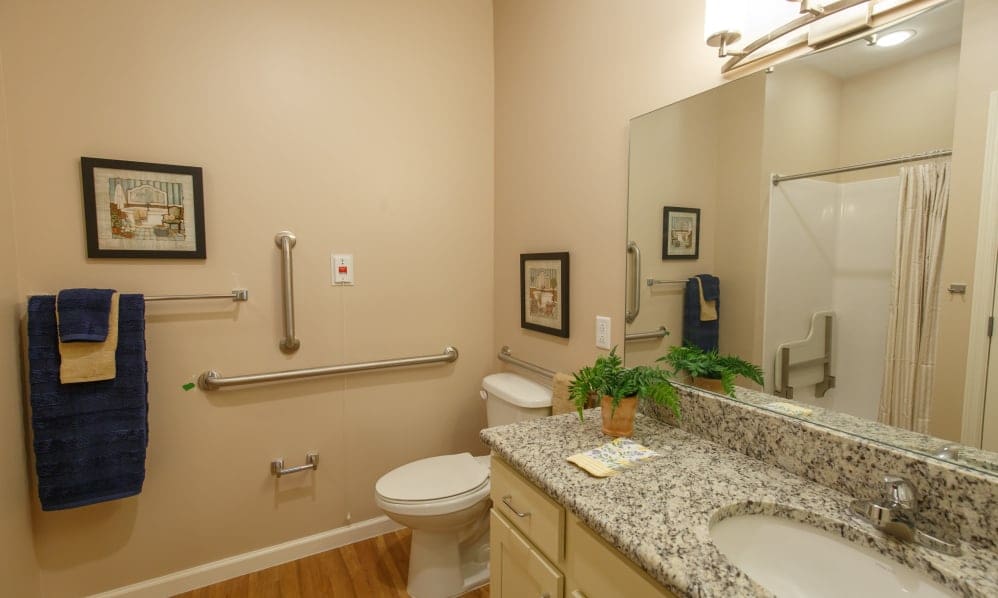 Accessible apartment bathroom with grab bars and granite vanity
